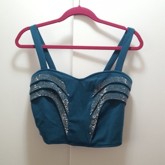 teal green rhinestone cut out sleeveless crop top bustier - Picture 1 of 4